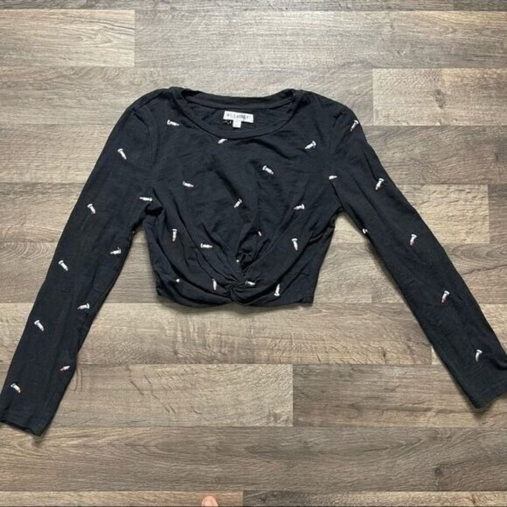 Wild Honey Black Crop Top Knot in Front Lipsticks Embroidered All Over Size S